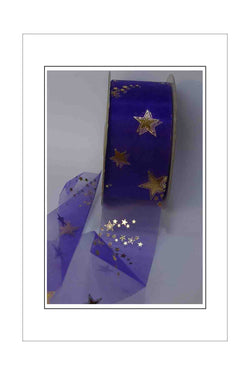 Patterned Ribbon - Organza Cut Edge - 38mm - Purple / Gold Stars