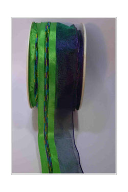 Patterned Ribbon - Satin & Organza, Wired Edge - Green/Purple - A Paper Experience