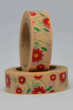 Washi Tape - Flowers - Red, Yellow on Dark Cream