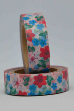 Washi Tape - Flowers / Leaves - Blue, Red, Green on White