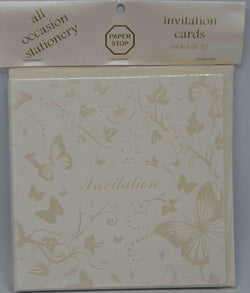 Preprinted Invitations - Square Textured Cream / Pearlescent Butterflies - 10 Pack