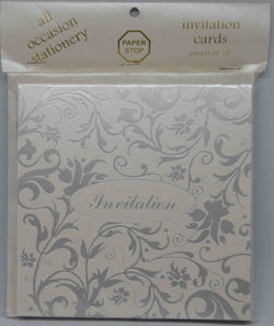 Preprinted Invitations - Square Metallic White / Silver Floral - 10 Pack