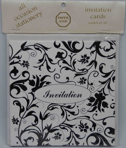Preprinted Invitations - Square Metallic White / Black Floral - 10 Pack