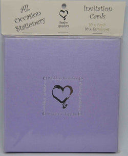 Preprinted Invitations - Wedding - Square Pearlescent Metallic Amyethst / Lilac / Lavender / Silver Heart - 10 Pack