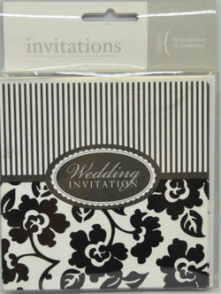 Preprinted Invitations - Wedding - Square White / Black Flocked / Velvet Flowers - 10 Pack