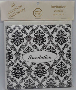 Preprinted Invitations - Square Metallic White / Black Damask - 10 Pack