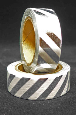 Washi Foil Tape - Diagonal Stripes - Silver and White - A Paper Experience